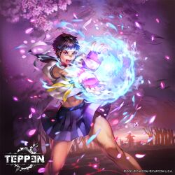 1girl abs bandana breasts brown_hair capcom cherry_blossoms energy energy_ball fingerless_gloves forest gloves hadouken kasugano_sakura medium_breasts midriff muscular muscular_arms muscular_female muscular_legs nature official_art open_mouth school_uniform short_hair skirt street_fighter street_fighter_alpha teeth temoshi teppen thick_thighs thighs tongue tree
