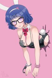alternate_hair_length alternate_hairstyle blue_hair card cuffs glasses handcuffs highres leotard oida-sama_(artist) original playboy_bunny playing_card purple_eyes rabbit_hole_(vocaloid) silvya_maris