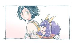 2girls black_choker black_hair bodysuit border bow brown_eyes choker closed_eyes closed_mouth crystal eiko_carol final_fantasy final_fantasy_ix garnet_til_alexandros_xvii hair_bow horns jewelry juliet_sleeves long_sleeves michibata_65 mini_wings multiple_girls open_mouth orange_bodysuit parted_bangs pendant puffy_sleeves purple_hair red_shirt shirt short_hair single_horn smile upper_body white_background white_border white_shirt wings yellow_bow