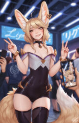 1girl ahoge ahri_(league_of_legends) ahri_(league_of_legends)_(cosplay) animal_ear_fluff animal_ear_piercing animal_ears artist_name black_choker black_thighhighs blonde_hair blurry blurry_background bracelet brown_eyes cellphone cellphone_photo choker commentary cosplay cowboy_shot double_v earrings english_commentary facial_mark flat_chest fox_ears fox_girl fox_tail gluteal_fold grin heart heart_earrings highres holding holding_phone indoors jewelry k/da_(league_of_legends) k/da_ahri khiara_(personal_ami) league_of_legends long_tail looking_at_viewer original people personal_ami phone pov pov_hands smartphone smile solo_focus standing tail thighhighs v whisker_markings
