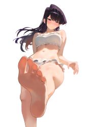 1girl absurdres asymmetrical_hair barefoot bikini blush breasts closed_mouth commentary dress eyelashes feet foot_focus foot_out_of_frame foreshortening frilled_dress frills from_behind highres komi-san_wa_komyushou_desu komi_shouko long_hair looking_at_viewer medium_breasts navel purple_eyes purple_hair randomscribblas shadow soles solo stepped_on stomach swimsuit toes white_background white_bikini