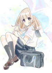 1girl bag black_skirt blush brown_eyes brown_hair brown_shoes commentary_request full_body grey_sailor_collar grey_socks highres holding holding_umbrella loafers looking_at_viewer original parted_lips pleated_skirt rino_cnc sailor_collar school_bag school_uniform serafuku shirt shoes short_sleeves skirt socks solo twitter_username umbrella white_shirt white_umbrella