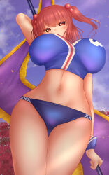 Rule 34 | 1girl, alternate costume, arm behind head, bikini, blue bikini, blue skirt, blue tank top, breasts, commentary request, flower, from below, hair bobbles, hair ornament, highres, huge breasts, looking at viewer, navel, onozuka komachi, onozuka komachi (happy-to-listen cheer-up guide), open mouth, outdoors, red eyes, shounen (hogehoge), skirt, skull print, solo, spider lily, swimsuit, tank top, touhou, touhou lostword, two side up, variant set