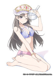 Rule 34 | 1girl, ;), arm up, atelier (series), atelier resleriana, atelier totori, barefoot, bikini, bracelet, breasts, brown eyes, brown hair, cleavage, closed mouth, commentary request, copyright notice, flask, full body, hand on own leg, hat, hayashi kewi, holding, holding flask, jewelry, liquid, long hair, looking at viewer, navel, official alternate costume, official art, one eye closed, second-party source, side-tie bikini bottom, simple background, sitting, small breasts, smile, solo, swimsuit, totooria helmold, white background