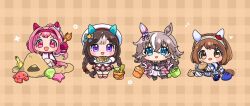 4girls :d asymmetrical_gloves black_boots black_gloves blush_stickers boots braid brown_background brown_eyes brown_hair bucket buruma chibi commentary_request crown_braid dress fingerless_gloves flower-shaped_pupils gloves gym_shirt gym_uniform haru_urara_(umamusume) heart highres hokko_tarumae_(umamusume) holding holding_plate horseshoe jacket low_twintails mismatched_gloves moko39_takasora multicolored_hair multiple_girls notice_lines open_clothes open_jacket open_mouth pink_hair pink_jacket plaid_background plate pleated_skirt purple_eyes red_buruma red_gloves sand sand_sculpture shirt shoe_soles shoes sitting skirt smile socks striped_clothes striped_socks symbol-shaped_pupils trowel twin_braids twintails two-tone_hair umamusume white_dress white_gloves white_hair white_jacket white_shirt white_shoes white_skirt wonder_acute_(umamusume) yukino_bijin_(umamusume)