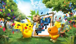 absurdres animal_focus blue_sky bush chespin cloud confetti day dot_nose fern gen_1_pokemon gen_3_pokemon gen_4_pokemon gen_6_pokemon highres key_visual lucario nature nintendo no_humans nonogram official_art open_mouth outdoors picross pikachu pokemon pokemon_(creature) pokemon_focus pokemon_picross promotional_art puzzle red_eyes rock saitou_kouki sky smile squirtle sun sunlight textless_version third-party_source torchic tree tree_stump