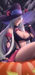 1girl asymmetrical_horns bare_shoulders breasts cleavage cloud cloudy_sky dragon_girl fire_emblem fire_emblem_engage grin hair_ornament hair_over_one_eye halloween halloween_costume hat highres horns large_breasts long_hair looking_at_viewer mature_female navel nintendo pointy_ears pumpkin purple_eyes purple_ribbon revealing_clothes ribbon shou_illust sitting sky smile solo tan tassel tassel_hair_ornament uneven_horns very_long_hair witch_hat zephia_(fire_emblem)