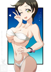Rule 34 | bikini, black hair, blue background, bracelet, breasts, brown eyes, cleavage, cowboy shot, girls und panzer, gradient background, heart, highres, ichijou takakiyo, jewelry, kojima emi, large breasts, one eye closed, outside border, short hair, smile, standing, strapless, strapless bikini, swimsuit, v, white bikini