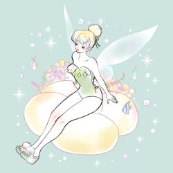 1girl bare_shoulders blonde_hair breasts coral_reef dress fairy fairy_wings green_dress hair_bun meecosme mini_person pointy_ears short_hair single_hair_bun smile strapless strapless_dress tinker_bell_(disney) walt_disney&#039;s_peter_pan wings
