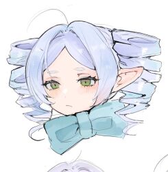 1girl alternate_hairstyle blush closed_mouth drill_hair elf frieren green_eyes hatenokatasumi head_only long_hair long_pointy_ears parted_bangs pointy_ears scarf simple_background solo sousou_no_frieren twin_drills white_background white_hair