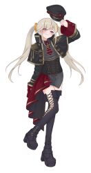 1girl absurdres black_boots black_capelet black_corset black_dress black_hat blonde_hair boots capelet corset dress epaulettes facial_mark fold-over_boots full_body hat highres komori_met komori_met_(3rd_costume) nanashi_inc. necktie overskirt peaked_cap pink_eyes red_necktie red_overskirt simple_background sleeve_cuffs solo standing standing_on_one_leg thigh_boots twintails v_ap_art virtual_youtuber vspo! white_background zephda