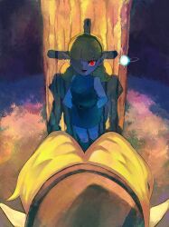 1boy 1girl absurdres arms_behind_back belt blonde_hair fado_(ocarina_of_time) fairy glowing glowing_eye grass hairband hat hero&#039;s_shade highres link nasagina navi nintendo open_mouth red_eyes shadow smile the_legend_of_zelda the_legend_of_zelda:_ocarina_of_time the_legend_of_zelda:_twilight_princess tree_stump tunic