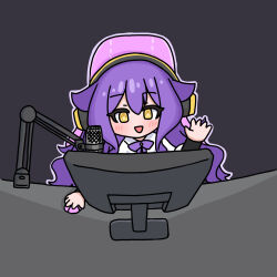 1girl blush bow chair collared_shirt commentary_request grey_background headphones highres honkai_(series) honkai_impact_3rd long_hair long_sleeves microphone mokkyo_(motkyo) monitor office_chair on_chair purple_bow purple_hair shirt simple_background sirin solo swivel_chair upper_body very_long_hair white_shirt yellow_eyes