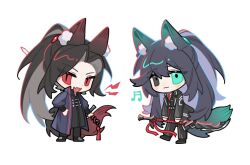 2boys :3 animal_ears black_coat black_eyes black_hair black_pants black_shoes black_vest blue_coat blue_eyes chibi chinese_clothes coat collared_shirt fang finame0 fox_boy fox_ears fox_tail full_body heterochromia high_ponytail hong_lu_(project_moon) jia_huan_(project_moon) limbus_company long_hair long_sleeves looking_at_viewer male_focus multiple_boys necktie pants ponytail project_moon red_eyes red_necktie shirt shoes simple_background skin_fang standing tail tangzhuang very_long_hair vest white_background white_shirt