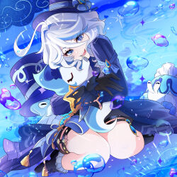 1girl absurdres black_gloves black_hat black_shoes blue_eyes blue_hair blue_ribbon bubble drop-shaped_pupils furina_(genshin_impact) genshin_impact gloves grey_hair hair_between_eyes hat highres kneeling open_mouth ouji_fashion rennata_velnatta ribbon shoes smile symbol-shaped_pupils tassel top_hat