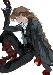 Rule 34 | 1boy, apple, atie1225, bitten apple, black gloves, black pants, boots, braid, brown hair, commentary, duo maxwell, food, food bite, from side, fruit, gloves, gundam, gundam wing, highres, knee up, long hair, long sleeves, male focus, pants, parted lips, profile, purple eyes, red boots, simple background, single braid, sitting, solo, symbol-only commentary, white background