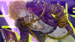 1boy belt black_belt black_nails blonde_hair book chain chain_around_arm chain_necklace chest_tattoo coat facial_tattoo fur-trimmed_coat fur_trim gold_chain grey_shirt hair_between_eyes hand_in_pocket highres holding holding_book jewelry limbus_company looking_at_viewer male_focus middle_(identity)_(project_moon) necklace nishikujic open_clothes open_shirt pants pectoral_cleavage pectorals project_moon purple_background purple_coat shirt sinclair_(project_moon) tattoo upper_body white_pants yellow_eyes