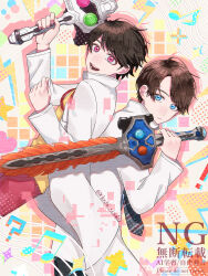 Rule 34 | !, 2boys, :d, ?, absurdres, back-to-back, blue eyes, brown hair, commentary request, doctor, eighth note, gashacon breaker, gashacon sword, glitch, hammer, highres, holding, holding hammer, holding sword, holding weapon, hoshi no shizuku, houjou emu, kagami hiiro, kamen rider, kamen rider ex-aid (series), lab coat, lanyard, looking at viewer, looking to the side, mole, mole under eye, multiple boys, multiple moles, musical note, necktie, open mouth, pants, pink eyes, red pants, shirt, short hair, smile, striped necktie, sword, tokusatsu, weapon, yellow shirt