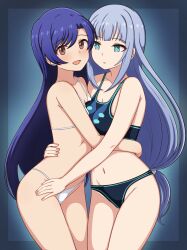 2girls absurdres arm_around_waist bikini blue_bikini blue_eyes blue_hair blush breast_press breasts brown_eyes cleavage commission cowboy_shot expressionless fingernails highres hug idolmaster idolmaster_million_live! idolmaster_million_live!_theater_days kisaragi_chihaya long_hair looking_at_another looking_at_viewer low-tied_long_hair medium_breasts milliani multiple_girls navel open_mouth outside_border parted_lips pixiv_commission shiraishi_tsumugi small_breasts smile standing swimsuit white_bikini yuri
