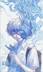 1boy absurdres arm_up backpack bag blue_eyes bluesky_username breast_pocket bug collared_shirt commentary crying english_commentary highres hikaru_(hikaru_ga_shinda_natsu) hikaru_ga_shinda_natsu insect lower_teeth_only male_focus minloafie moth one_eye_covered open_collar open_mouth pocket shirt short_sleeves smile solo streaming_tears tears tears_from_one_eye teeth twitter_username white_hair white_shirt wing_collar