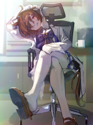 1girl absurdres agnes_tachyon_(umamusume) animal_ears arm_up blurry blurry_background bow bowtie brown_hair brown_shoes chair coat crossed_legs flower hair_flower hair_ornament head_tilt highres horse_ears horse_girl horse_tail lab_coat looking_at_viewer no_uwazumi on_chair pleated_skirt purple_bow purple_bowtie red_eyes school_uniform shoes short_hair sitting skirt sleeves_past_fingers sleeves_past_wrists solo swivel_chair tail thighhighs tracen_school_uniform umamusume white_coat white_thighhighs