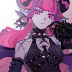 1girl :/ afk_(series) afk_journey bat_wings black_collar black_dress black_wings chironex_bobo closed_mouth collar disgust dress earrings jewelry kulu_(afk) long_eyelashes long_hair looking_at_viewer multicolored_hair multiple_earrings pink_eyes pink_hair pointy_ears purple_streaks simple_background solo spiked_collar spikes streaked_hair twitter_username upper_body wings