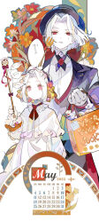 Rule 34 | 2others, ambiguous gender, bag, black hat, calendar (object), coat, collared shirt, commentary, creature, ezu (e104mjd), flower, hat, highres, holding, holding bag, holding staff, multiple others, orange flower, original, pink eyes, purple coat, red eyes, shirt, short hair, simple background, staff, symbol-only commentary, white background, white shirt