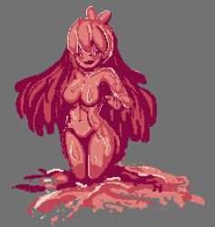 1girl :d baeloe blush breasts completely_nude grey_background lobotomy_corporation long_hair looking_at_viewer melting_love monster_girl navel nude open_mouth outstretched_arm pink_hair pixel_art project_moon reaching reaching_towards_viewer shiny_skin slime_girl smile solo yellow_eyes