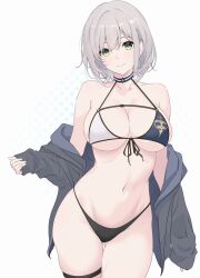 1girl bikini black_jacket blue_choker breasts choker closed_mouth collarbone cowboy_shot gluteal_fold green_eyes grey_hair highres hololive jacket large_breasts mismatched_bikini navel off_shoulder riu_play shirogane_noel shirogane_noel_(summer_2020) short_hair simple_background smile solo stomach swimsuit thigh_strap thighs virtual_youtuber white_background