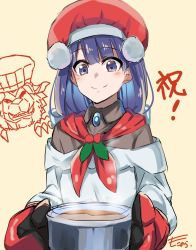 1girl chef_hat fate/grand_order fate_(series) hat highres martha_(fate) martha_(santa)_(fate) moninora oven_mitts pot purple_eyes purple_hair santa_hat signature smile tarasque_(fate) yellow_background