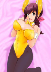 1girl absurdres animal_ears black_pantyhose black_ribbon bow bowtie breasts brown_eyes brown_hair collar commentary_request covered_navel cowboy_shot detached_collar fake_animal_ears female_focus hands_on_own_chest highleg highleg_leotard highres hoshizora_ikuyo large_breasts leg_up leotard long_hair looking_at_viewer mature_female nanashi_noiji open_mouth pantyhose pink_background pink_ribbon playboy_bunny ponytail precure rabbit_ears ribbon smile smile_precure! solo standing strapless strapless_leotard white_collar wrist_cuffs yellow_bow yellow_bowtie yellow_leotard