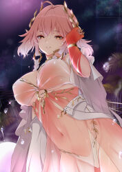 1girl absurdres ahoge armpit_crease bare_shoulders bikini bikini_bottom_only braid breasts bright_pupils changli_(laurel_nymph)_(wuthering_waves) changli_(wuthering_waves) chark14 colored_extremities commentary cowboy_shot dress hair_extensions hand_up head_wreath highres large_breasts long_hair looking_at_viewer mismatched_bikini multicolored_hair navel night official_alternate_costume orange_bikini outdoors parted_lips pink_hair red_dress red_hands ring_hair_extensions see-through_clothes see-through_dress signature smile solo stomach swimsuit tacet_mark_(wuthering_waves) two-tone_hair variant_set very_long_hair wet white_bikini white_hair white_pupils wuthering_waves yellow_eyes