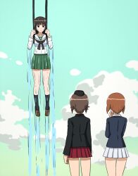 3girls :| alternate_costume black_eyes black_hair black_hat black_jacket black_neckerchief black_socks blouse blue_jacket blunt_bangs brown_hair brown_shoes closed_mouth cloud cloudy_sky day garrison_cap girls_und_panzer green_skirt green_sky gundam gundam_gquuuuuux hat highres is_this_the_rose_of_sharon?_(meme) jacket jitome kuromorimine_military_uniform loafers long_hair long_sleeves looking_at_another meme military_hat military_uniform miniskirt mother_and_daughter multiple_girls neckerchief nishizumi_maho nishizumi_miho nishizumi_shiho omachi_(slabco) ooarai_military_uniform ooarai_school_uniform outdoors pleated_skirt red_skirt sailor_collar school_uniform serafuku shirt shoes short_hair siblings sisters skirt sky socks standing straight_hair wet white_sailor_collar white_shirt white_skirt