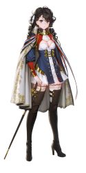 1girl ascot banner_of_the_maid blue_thighhighs boots breasts brown_boots brown_hair cape cleavage cleavage_cutout closed_mouth clothing_cutout curly_hair dress female_focus full_body game_cg hair_ribbon hand_on_hilt high_heel_boots high_heels highres long_hair medium_breasts official_art pauline_bonaparte quuni rapier ribbon ringlets short_dress solo standing sword thigh_boots thighhighs thighhighs_under_boots transparent_background weapon white_thighhighs zettai_ryouiki