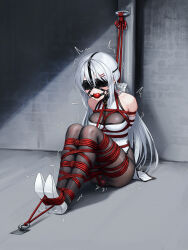 1girl absurdres anal anal_object_insertion arms_behind_back ball_gag bare_shoulders bdsm black_pantyhose blindfold bondage bound bound_ankles bound_arms bound_breasts bound_calves bound_feet bound_legs bound_thighs bound_torso bound_wrists breast_bondage breasts china_dress chinese_clothes commentary_request crotch_rope dildo dildo_harness double_penetration dress drooling elbow_gloves female_focus forced_orgasm gag gag_harness gagged gloves grey_hair hair_ornament high_heels highres indoors kumachi_(aikawaakeya) large_variant_set long_hair medium_breasts object_insertion original pantyhose restrained saliva saliva_trail sex_toy shibari shibari_over_clothes sitting skindentation solo tape taped_hands trembling turtleneck turtleneck_dress vaginal vaginal_object_insertion variant_set very_long_hair vibrator