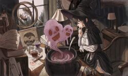 1girl black_hair book bottle brown_eyes cauldron chair dress finger_to_own_chin gold_can hat highres inkwell ladle lamp open_book original paper quill scroll solo table test_tube window witch witch_hat