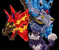 Rule 34 | absurdres, blue fire, digimon, digimon (creature), fangs, fenriloogamon, fire, helloogarmon, highres, loogamon, red eyes, skeleton, wolf