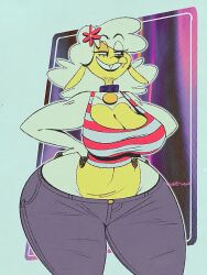 1girl absurdres artist_name breasts cleavage clothes collar curvy denim eyebrows eyelashes fangs female_focus flower furry furry_female hair_flower hair_ornament hands_on_own_hips highres huge_breasts jeans long_hair midriff multicolored_fur pants plant portrait sha_(the_walten_files) sheep_girl simple_background solo standing teeth the_walten_files thick_thighs thighs translucent two-tone_fur wide_hips wolftangart yellow_fur