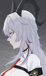 1girl absurdres armband black_armband black_choker black_horns breasts choker closed_mouth collared_shirt commentary curled_horns from_side grey_background grey_hair highres horns large_breasts long_hair looking_ahead multicolored_hair necktie portrait profile red_eyes red_necktie shirt solo streaked_hair white_shirt wuthering_waves wynm_x12 zani_(wuthering_waves)