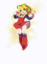 Rule 34 | absurdres, android, armored boots, armored legwear, arms up, blonde hair, blurry, blurry background, boots, capcom, clenched hand, clenched hands, green eyes, green ribbon, hair between eyes, hair over shoulder, hair ribbon, henshin, highres, joints, kaidou zx, knee boots, long hair, long sleeves, looking at viewer, marvel vs. capcom, marvel vs. capcom 2, mechanical boots, mega man (series), miniskirt, open mouth, red boots, red skirt, ribbon, robot girl, robot joints, roll (mega man), sidelocks, simple background, skirt, smile, sparks, transformation, white background
