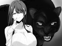 1girl breasts closed_mouth greyscale highres large_breasts long_hair long_sleeves monochrome onee-san_(pensis_x) original panther pensis_x ribbed_sweater smile solo sweater upper_body