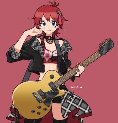 1girl black_choker black_jacket black_shorts black_thighhighs blue_eyes blush breasts choker cleavage cowboy_shot cropped_jacket dated electric_guitar facial_mark grin guitar hair_ornament hand_up highres holding holding_guitar holding_instrument holding_plectrum idolmaster idolmaster_million_live! idolmaster_million_live!_theater_days instrument jacket julia_(idolmaster) julia_(idolmaster)_(meteor_bright_star) long_sleeves looking_at_viewer midriff o-ring o-ring_choker open_clothes open_jacket overskirt plectrum print_tank_top red_background red_hair red_tank_top short_hair shorts simple_background smile solo standing star_(symbol) star_facial_mark star_hair_ornament tank_top tarako_oniyon thighhighs