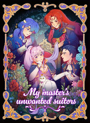 1girl 3boys alternate_costume animal black_hair blue_eyes blue_hair blush brown_eyes capelet cat commentary crossed_legs dress eili_enie elbow_gloves english_commentary english_text facial_mark fire_emblem fire_emblem:_genealogy_of_the_holy_war flower forehead_mark gloves head_rest highres ishtar_(fire_emblem) julius_(fire_emblem) long_hair long_sleeves multiple_boys nintendo parody pink_flower purple_dress purple_eyes purple_hair red_eyes red_flower red_hair reinhardt_(fire_emblem) rose seliph_(fire_emblem) short_hair sitting thighhighs throne white_cat white_gloves white_thighhighs