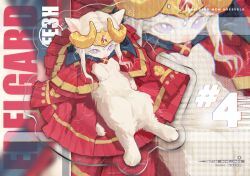 1106827398 animal animal_ears cape cat cat_ears cat_tail character_name collared_cape edelgard_von_hresvelg edelgard_von_hresvelg_(timeskip) english_text fake_horns fire_emblem fire_emblem:_three_houses furry furry_female hair_up headpiece high_collar horns looking_at_viewer looking_up lying nintendo on_back purple_eyes red_cape tail white_cat white_fur white_hair