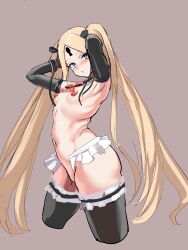 Rule 34 | 1girl, 9is, abigail williams (fate), abigail williams (second ascension) (fate), absurdres, armpits, arms up, black ribbon, black thighhighs, blonde hair, blue eyes, blush, bow, bowtie, breasts, brown background, commentary request, cosplay, dead or alive, dead or alive 5, dead or alive xtreme, elbow gloves, fate/grand order, fate (series), frilled thighhighs, frills, from side, gloves, hair ornament, hair ribbon, highres, keyhole, long hair, looking at viewer, marie rose, marie rose (cosplay), marie rose (devilish servant against the splashing waves), navel, nipples, partially undressed, red bow, red bowtie, ribbon, simple background, sketch, small breasts, solo, stomach, thighhighs, twintails, very long hair