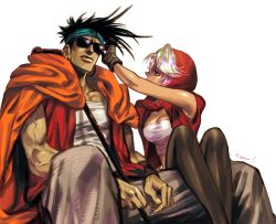 1boy 1girl bad_id bad_pixiv_id black_gloves black_hair breasts brown_eyes cane cleavage cloak dark-skinned_male dark_skin earrings glasses gloves headband hood hoop_earrings jewelry jojo_no_kimyou_na_bouken kotteri large_breasts lipstick makeup mariah_(jojo) muscular n&#039;doul pantyhose red_lips signature sitting sitting_on_lap sitting_on_person strapless sunglasses tube_top veins white_hair wristband