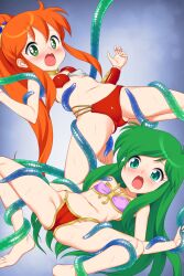 2girls armor arms_up ayanokouji_rem barefoot bikini bikini_armor blush breasts cameltoe caron_(rall) commentary_request commission commissioner_upload crossover dream_hunter_rem feet fugetsu_taku green_eyes green_hair highres legs long_hair multiple_girls navel open_mouth orange_hair pink_bikini ponytail red_bikini restrained sf_choujigen_densetsu_rall skeb_commission small_breasts spread_legs stomach swimsuit tentacles thighs toes translucent