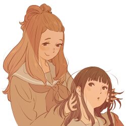 Rule 34 | 2girls, 55bata6rou, bangs pinned back, black eyes, black hair, blue sailor collar, brown eyes, brown hair, closed mouth, freckles, hair lift, hands in hair, hibike! euphonium, highres, holding another&#039;s hair, kenzaki ririka, kitauji high school uniform, long hair, long sleeves, looking at another, multiple girls, neckerchief, sailor collar, school uniform, simple background, smile, upper body, white background, yoroizuka mizore