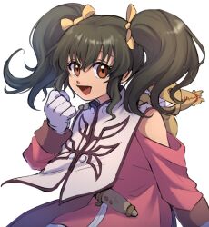 1girl anise_tatlin arm_up black_hair brown_eyes clenched_hand commentary_request gloves long_hair looking_at_viewer open_mouth pery_618 sidelocks simple_background smile solo tales_of_(series) tales_of_the_abyss tokunaga_(tales) twintails upper_body white_background white_gloves
