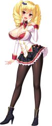 Rule 34 | 1girl, bat hair ornament, black pantyhose, black skirt, blonde hair, blush, breasts, cleavage, derauea, drill hair, fang, full body, game cg, hair ornament, high heels, highres, juliet sleeves, kashnia blood claussell, large breasts, long sleeves, looking at viewer, medium hair, milk factory, motto! haramase! honoo no oppai isekai ero mahou gakuen!, non-web source, official art, open mouth, pantyhose, puffy sleeves, red eyes, red ribbon, ribbon, school uniform, shirt, skirt, smile, solo, sprite art, tachi-e, transparent background, twin drills, twintails, white shirt